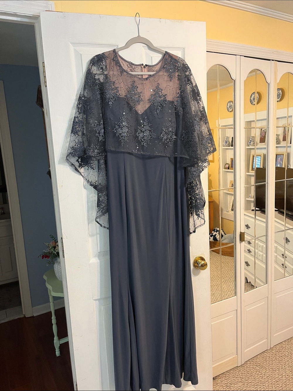 R & M Richards Slate Blue Lace Capelet Maxi Gown